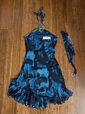 Blue and Black Tie-Dye Halter Slip Dress with Ruffle Hem